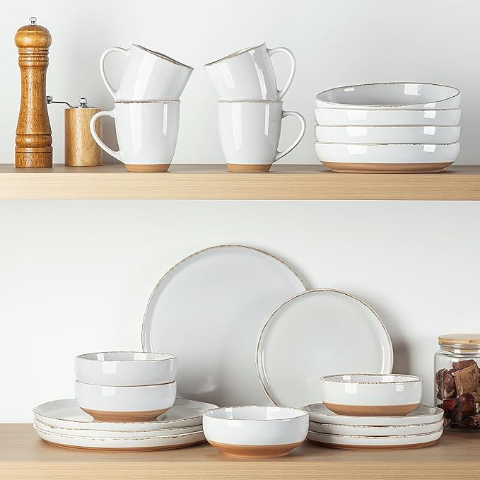 AmorArc 8.75'' Large Ceramic Pasta Bowls, 36oz Handpainted Stoneware Bowls Set of 4, Microwave&Dishwasher Safe Bowls with Wavy Rim&Rustic Terracotta Underside for Pasta Salad, White-Handbrush Rim