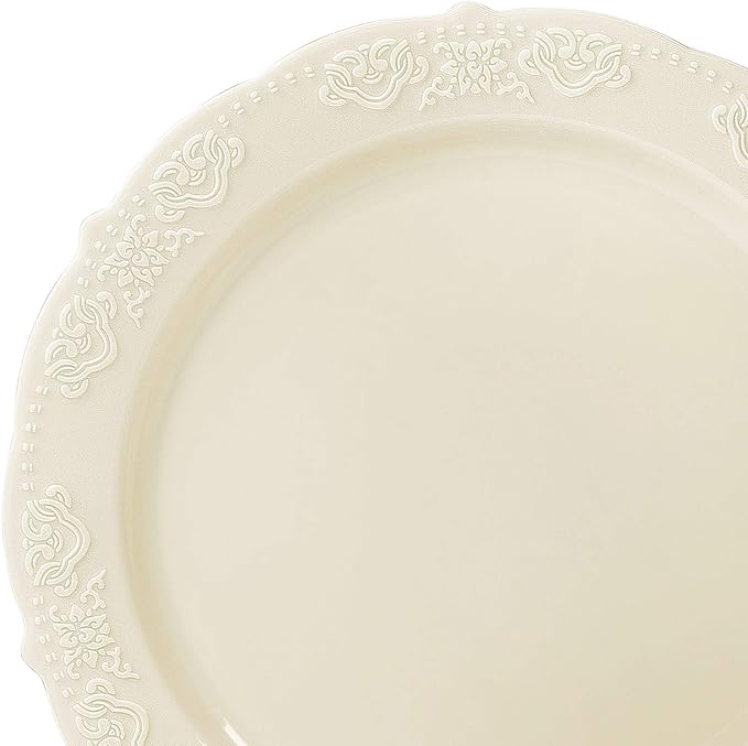 " OCCASIONS " 50 Plates Pack (25 Guests) Vintage Wedding Party Disposable Plastic Plate Set -25x10.25'' Dinner +25x7.5'' Salad/Dessert plates (Portofino Plain Ivory)