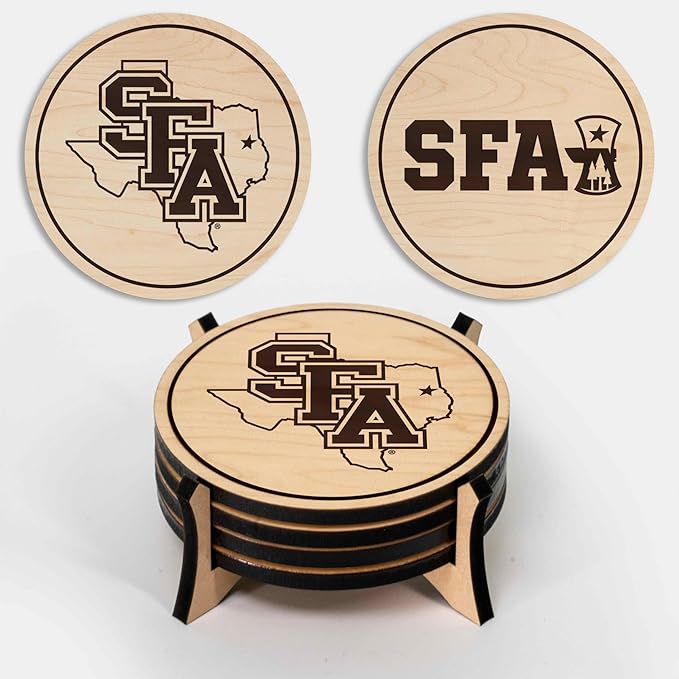 LazerEdge Stephen F. Austin Lumberjacks Wooden Coaster Set - Maple Wood - Officially Licensed Product - 4-Pack
