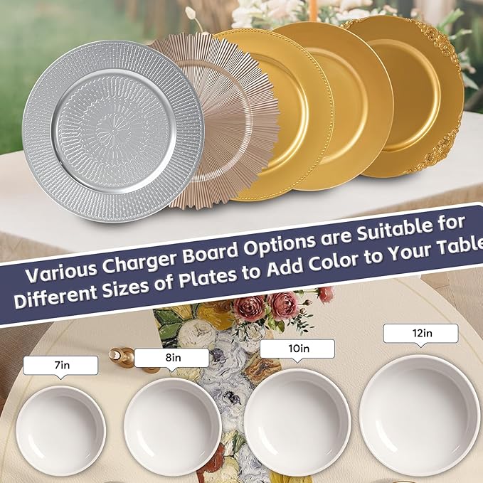 PROY 50 Pcs Silver Charger Plates Bulk, 13 Inch Silver Chargers for Dinner Plates Plastic Reusable Round Charger Platters for Table Setting, Wedding, Party, Event