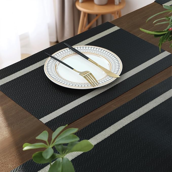 FAVE Placemats Set of 12 Black Placemats Woven with Golden Thread Heat Resistant 12 Vinly Place Mats for Wedding, Banquet, Birthday, Party, Restaurant (Black, 12"x18"-12PCS)
