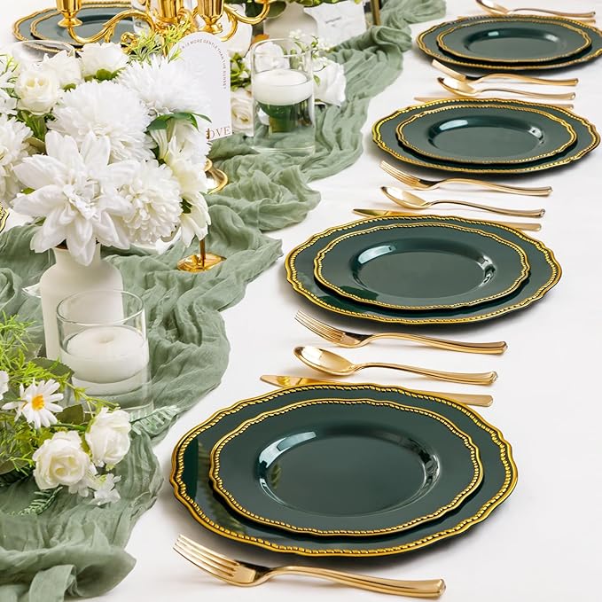 Hioasis 60pcs Green Plastic Plates - Green and Gold Disposable Dinnerware with Gold Rim, Heavy-duty, 7.5 inch, Dessert Plates for Party & St. Patrick's Day