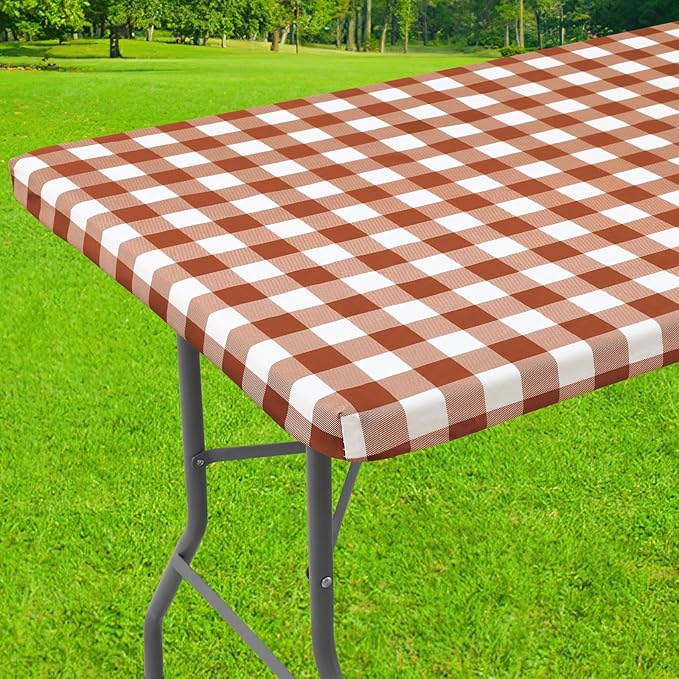 Smiry Rectangle Picnic Table Cloth, Elastic Waterproof Fitted Vinyl Tablecloths, Flannel Backed Buffalo Plaid Table Covers for Dining, Camping, Outdoor, Thanksgiving (White and Rust, 30" x 72")