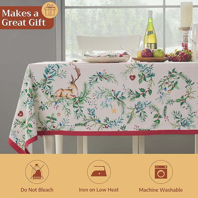 Maison d' Hermine Table Cloth Rectangle Table 100% Cotton 60 x 120 Inches Fall Tablecloth Reusable Everyday Use for Thanksgiving Christmas Decorations Dining Farmhouse Party (Holly Time)