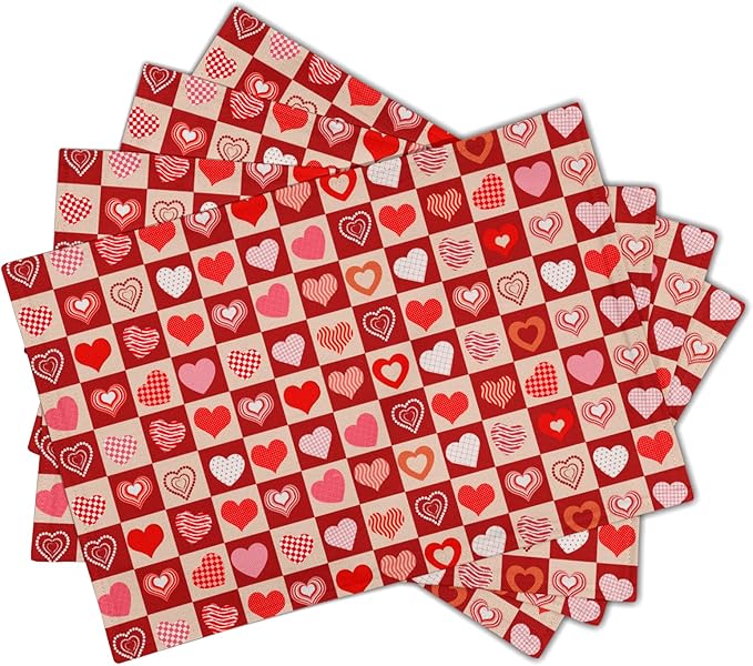 Valentines Day Table Mats - Red Heart Placemats Set of 4 Pink Love Place Mat 12x18 for Dining Kitchen Farmhouse