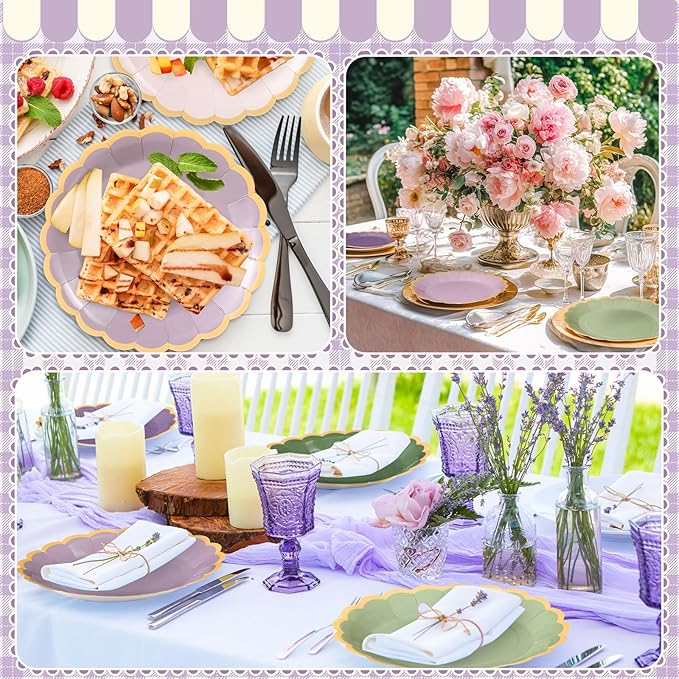 48 Pcs Sage Green Purple Paper Plates 9 Inch Lavender Scalloped Paper Disposable Dinner Dessert Plates for Birthday Wedding Bridal Party Supplies, 6 Colors