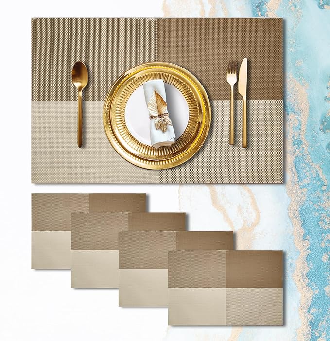 Placemats Set of 4 Vinyl Washable Coffee Square Placemats, 18"x12" Wipeable Heat-Resistant Non-Slip Easy Clean Table Mats Ideal for Dining Table Table Runner and Outdoor (4, Coffee Square)