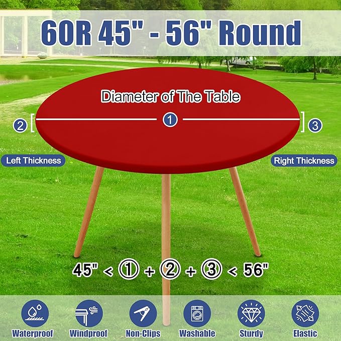 Round Spandex Christmas Tablecloth 2 Pack, Elastic Fitted Waterproof Tablecloths for 45"-56" Tables, Stretch Washable Picnic Table Cover for Camping, Dining, Indoor and Outdoor, Red