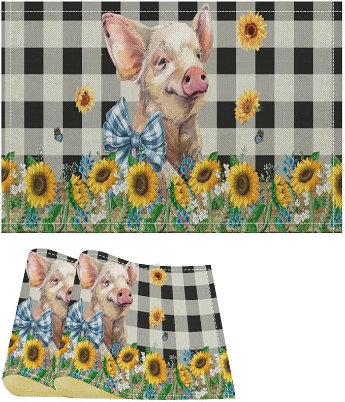 Rustic Pig Placemat Set, Vintage Farmhouse Cute Animal Sunflower Floral Black White Plaid Blue Bowknot Pattern Home Decor Table Mats for Dining Room Kitchen Party (17x12in) x2P