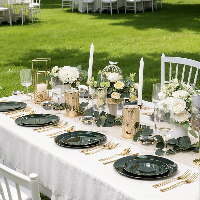WDF 300Pcs Green Plates Disposable - Heavy Duty Green Plates - 50Guest Green Plastic Dinnerware Include 50 Dinner Plate, 50 Dessert Plate, 150 Cutlery & 50 9oz Cups for Parties St. Patrick’s Day