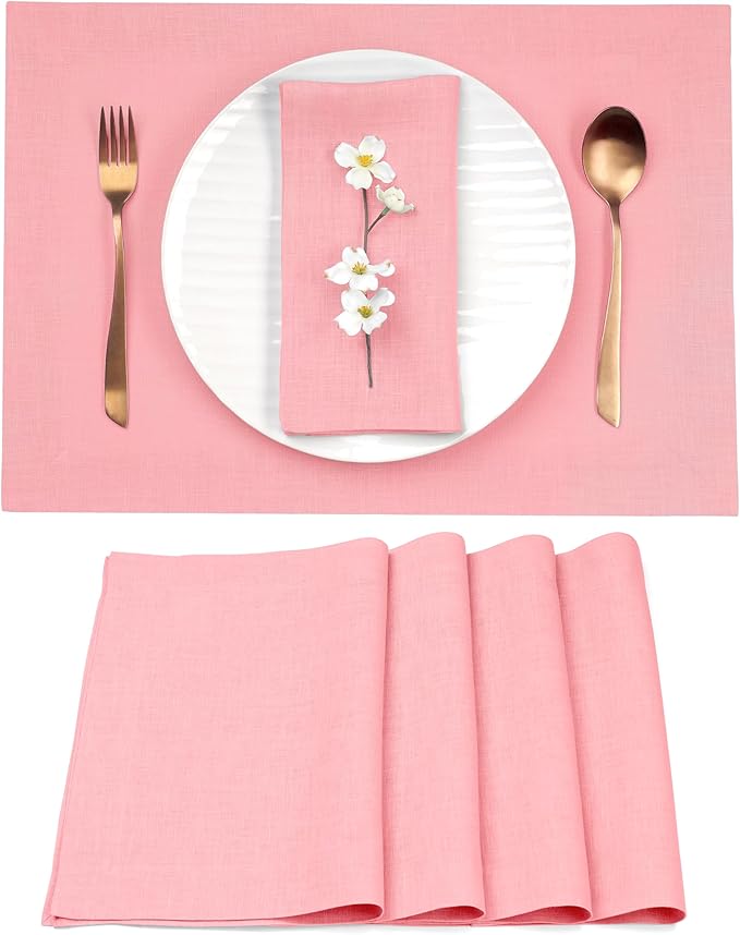 D'Moksha Homes Linen Dusty Pink Placemats Set of 4-100% Pure Linen Placemats 14 x 19 Inch for Valentines, Spring, Easter - Handcrafted and Machine Washable