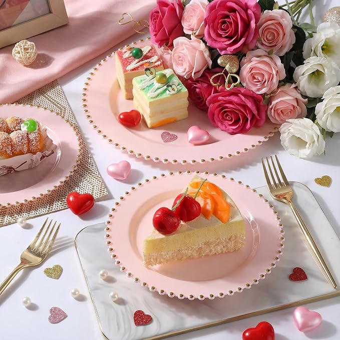 EI 60pcs Pink Plastic Plates with Gold Rim,Pink Party Plates Disposable,Heavy Duty 10" Dinner & 7" Dessert Plate Fancy Elegant Plate for Wedding,Birthday,Afternoon Tea,Valentine's Day