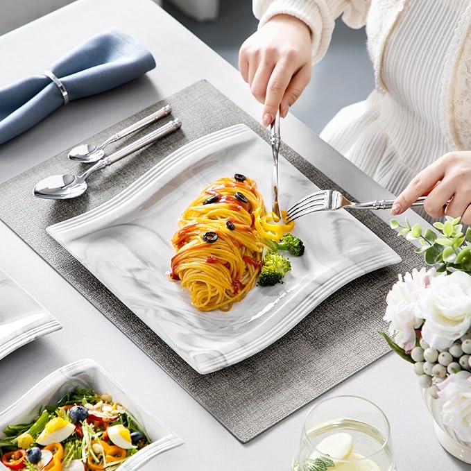MALACASA Plates and Bowls Set, 12-Piece Modern Porcelain Dinnerware for 4, Marble Square Ceramic Dish Set, Microwave and Dishwasher Safe, Flora Series