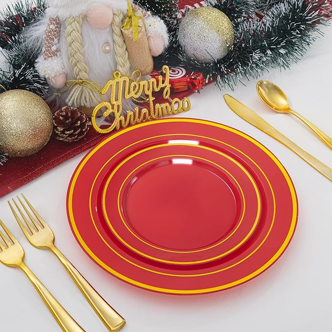 NOCCUR 200PCS Red Plastic Plates for 100 Guests - Include 100PCS 10" Dinner/ 100PCS 7" Dessert Plastic Plates Heavy Duty - Ideal for Wedding/Party/Valentines Day