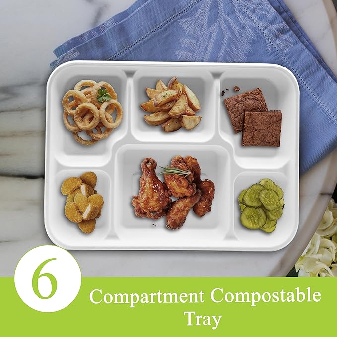 three leaf 6 Compartment Bagasse Tray 150 Ct. Heavy Duty, Super Strong,Eco Friendly Disposable Bagasse Plates,100% Biodegradable Plates, Microwave and Freezer Safe, Ideal for Party, Dinner and Picnic