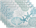 Nautical Coastal Blue Placemats Set of 4 Summer Teal Turquoise Beach Theme Linen Table Mats Ocean Coral Seashell Starfish Decorative Place Mats for Party Kitchen Dining Outdoor Indoor Decor