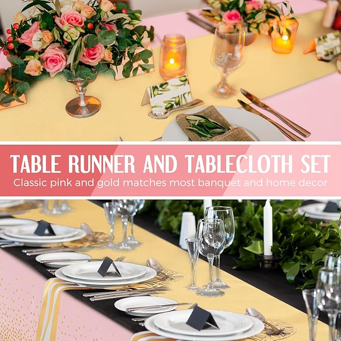 Breling 24 Pack Pink and Gold Disposable Plastic Tablecloths and Satin Table Runner Set, 54 x 108 Inch Tablecloth, 12 x 108 Inch Table Runners for Wedding Graduation Birthday Baby Shower