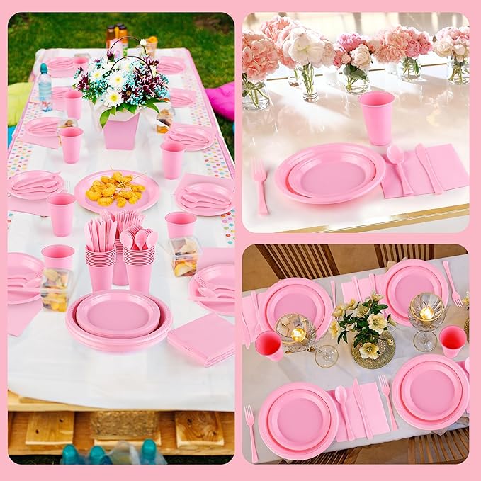 Kochorie 240 Pieces Pink Plastic Dinnerware Set Disposable Heavy Duty Plates Napkins Cups and Silverware Dessert Dinner Plates for Birthday Wedding Baby Shower Party Supplies, Serves 30 Guests