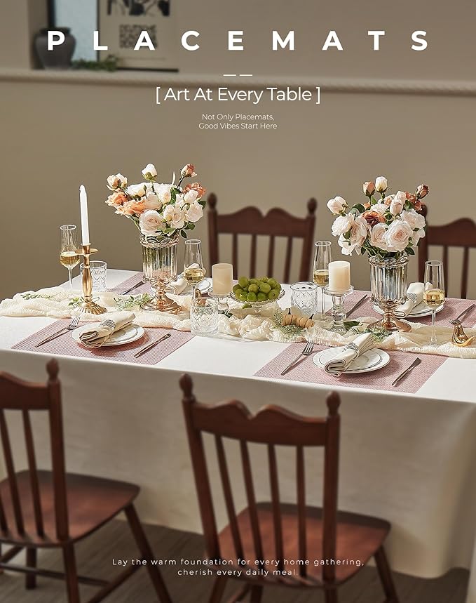 Leetaltree Luxury Pink Iridescent Placemats Set of 6 - Waterproof Washable for Wedding, Anniversary, Festive and Daily Use - Sparkling Table Mats Table Decor - Hand-Cut