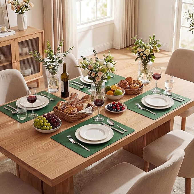 Artoid Mode Green Faux Leather Placemats Set of 6, 12x18 Inch Waterproof Wipeable Heat Resistant Vinyl Place Mats, Reversible Table Mats for St. Patrick's Day Dining Decor