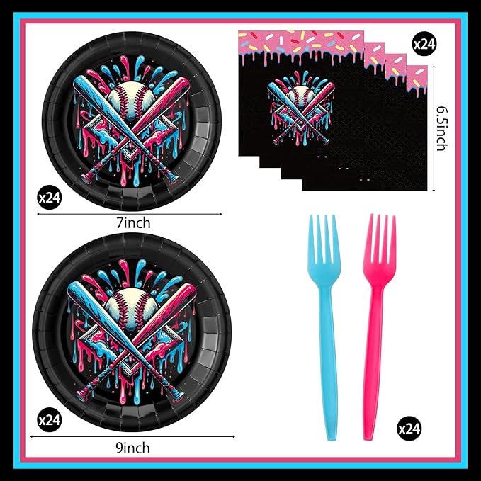 Yungyan 24 Sets Ice Cream Drip Baseball Party Supplies Disposable Ice-cream Drip Baseball Paper Plates and Napkins Forks Summer Sports Party Baby Shower Decoration Tableware Dinnerware for Women Men