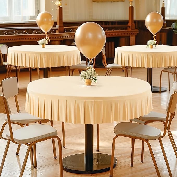 8 Pack Champagne Spandex Round Tablecloths for 60 inch Tables, Stretchy Fitted 5FT Round Table Cloths with Skirt for Wedding Party Dining Banquet