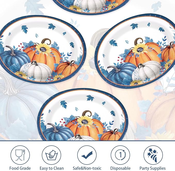 50Pcs Fall Oval Paper Plates Thanksgiving Plates 10" X 12" Large Disposable Blue White Pumpkin Plate Autumn Sunflower Platter Dinner Tableware for Autumn Harvest Thanksgiving Party Decorations