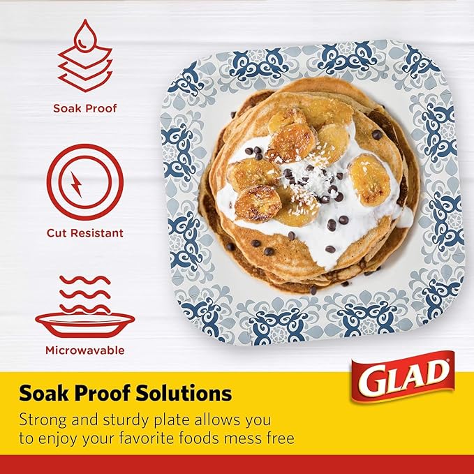 Glad Square Disposable Paper Plates, Blue Victorian Pattern - Strong, Sturdy, Soak Proof, and Microwavable Decorative Plates for Dinner and Everyday Use, 10 Inch, 50 Count - 12 Pack