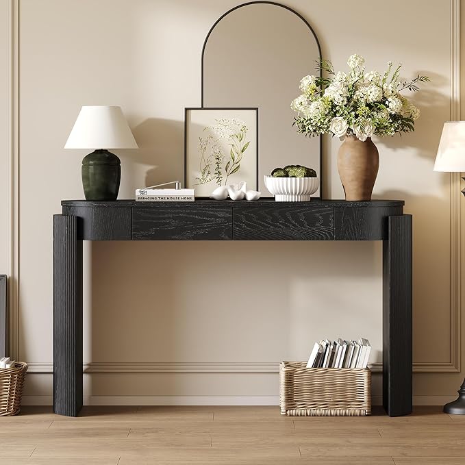 Merax 55" Entryway Table with Oval Top and 2 Drawers, Natural Wood Grain Finish Console Table with Fluted Design for Entryway and Living Room (Black)