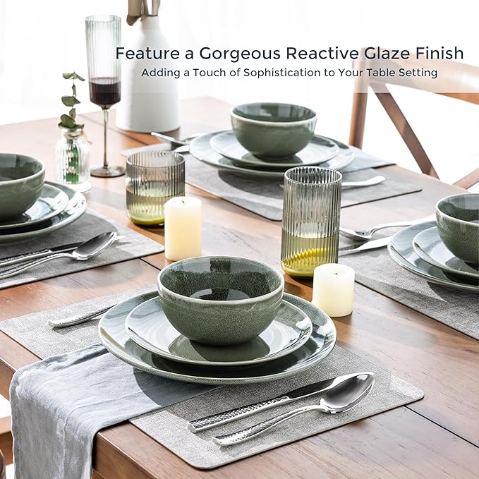 AmorArc Ceramic Dinnerware Sets for 4, 12 Pieces Handpainted Plates and Bowls Set, Scratch Resistant Stoneware Dishes Set, Dishwasher & Microwave Safe, Jade Green