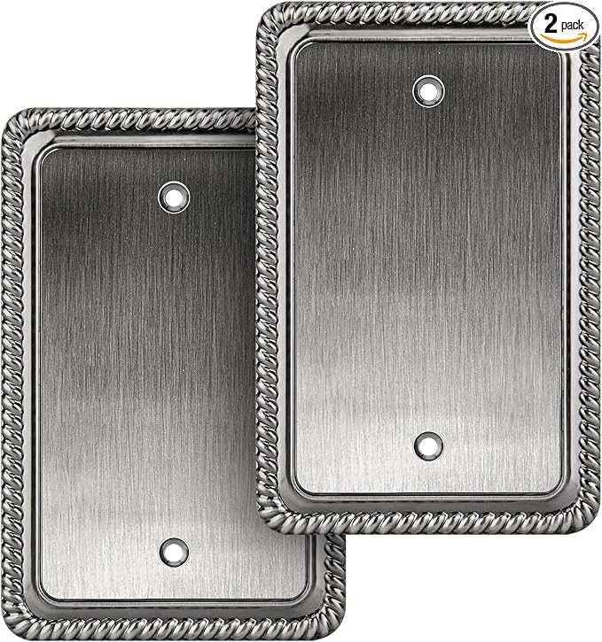 Henne Bery Rope Edge Decorative Wall Plate Switch Plate Outlet Cover (Single Blank, 2 Pack, Heirloom Silver)