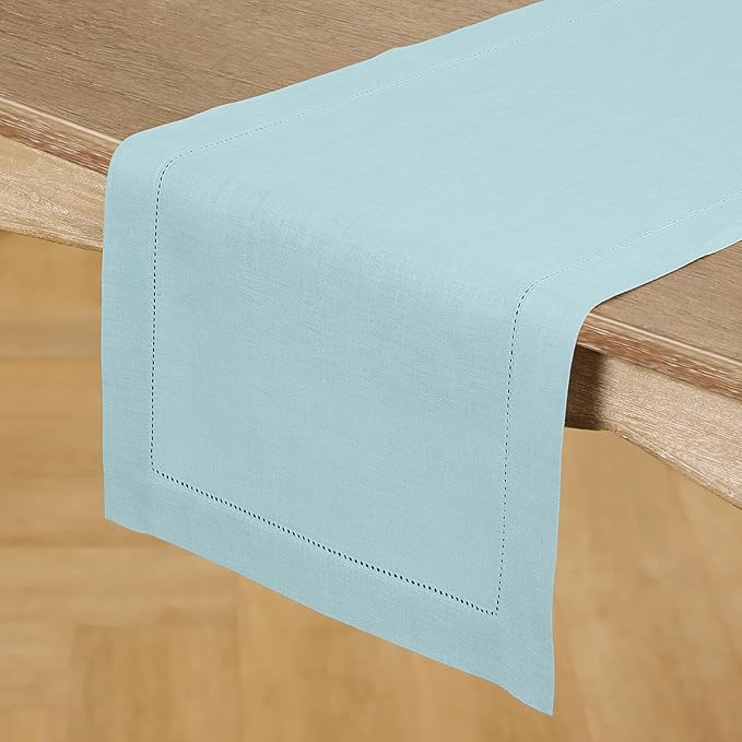 Solino Home Linen Aqua Blue Table Runner 90 Inches Long - 100% Pure Linen Hemstitch 14 x 90 Inch Table Runner for Dining, Spring, Easter, Winter - Classic Hemstitch