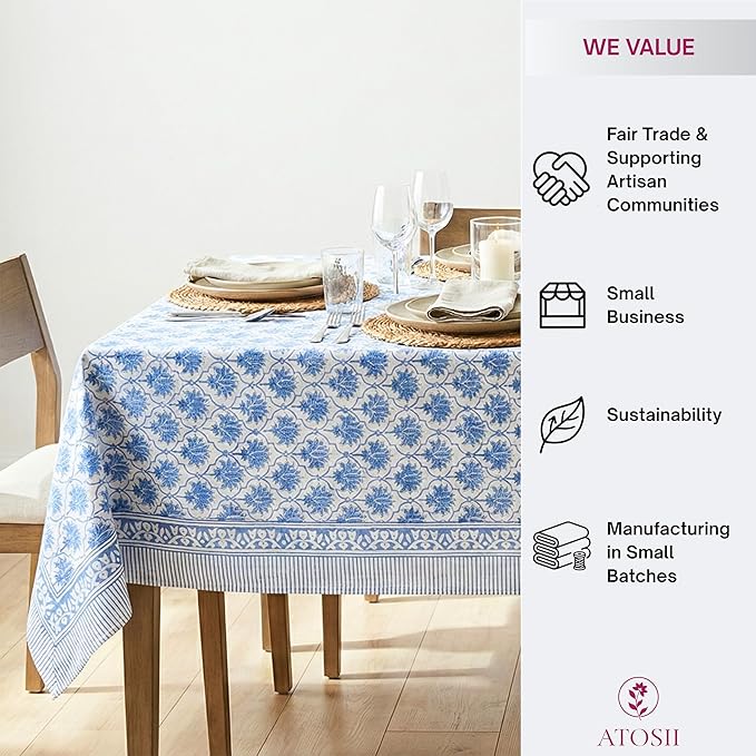 ATOSII Padma Blue 100% Cotton Square Summer Tablecloth, Indian Block Print Floral Table Cloth I Dining Parties Weddings Outdoors Holidays 60 X 60 Inches, 4 Seater I Grandmillennial Farmhouse Boho