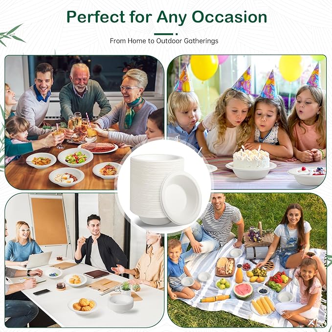 𝟯𝟮 𝗼𝘇, 𝟲𝟴-𝗣𝗮𝗰𝗸 Compostable Paper Bowls, Heavy-Duty Biodegradable Disposable Bowls Made from Bagasse, Eco-Friendly, Microwave & Freezer Safe (White)