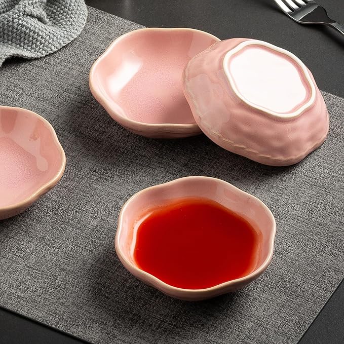 4.4Oz Kiln-Changed Dipping Bowls, 4.3 Inches Ceramic Flower-Shaped Soy Sauce Dishes, Small Appetizer/Side Plates Set of 4 (pink)