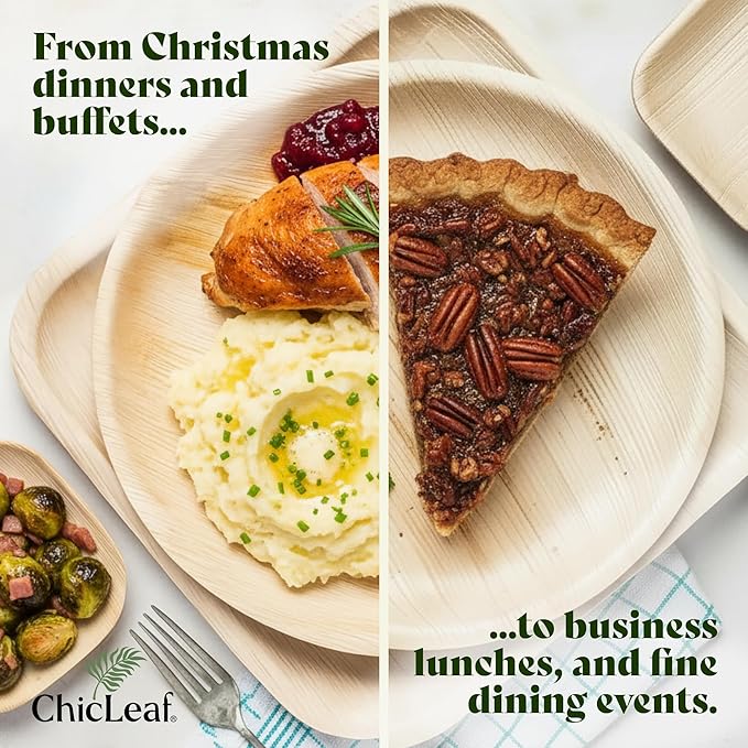 Chic Leaf Square Bamboo Palm Leaf Disposable Plates - 8" Pack of 100 - Biodegradable & Compostable Dinnerware - Disposable Party & Appetizer Plates - Sustainable Dessert Trays Romantic Date Essentials