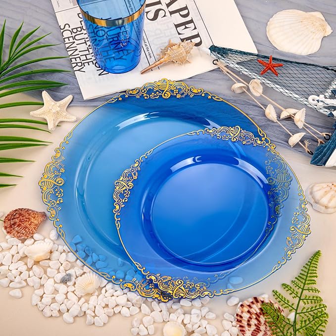 Hioasis 210pcs Blue and Gold Plates - Blue Party Plates for 30 Guest, Include 60 Heavy-duty Plates(20% Thicker Than Standard), 30 Pre Rolled gold Plastic goldware Set, 30 Cups