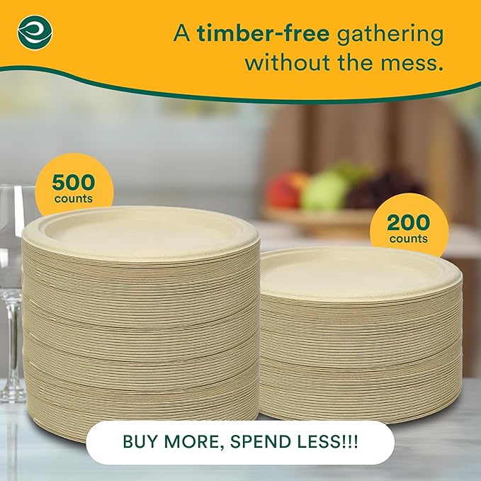 ECO SOUL Compostable 9 Inch(200-Pack) Biodegradable Heavy-Duty Disposable Eco-Friendly Paper Plates for Dinner & Parties, Wedding, Event