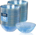 I00000 50 Pack 12 Ounce Blue Plastic Bowls Hammered Clear Bowl with Gold Rimmed, Heavy Duty Disposable Bowl Set,Elegant Small Bowls for Party, Weddings, Catering
