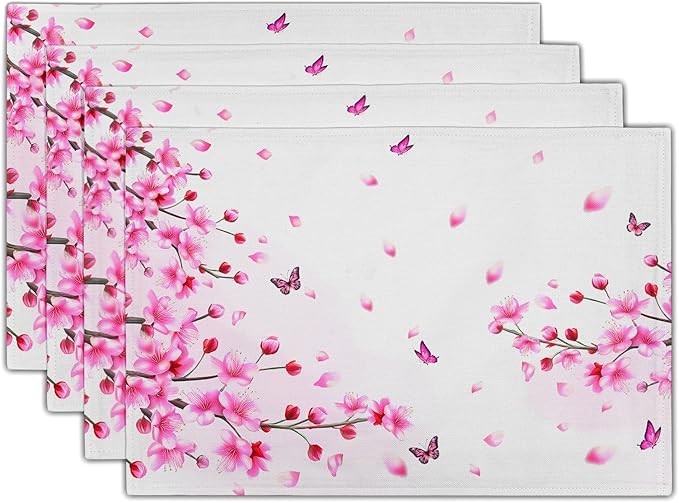 Cherry Blossom Placemats - Sakura Place Mats Set of 4 Pink Floral Flower Tablemats 12x18 for Party Kitchen Dining Farmhouse