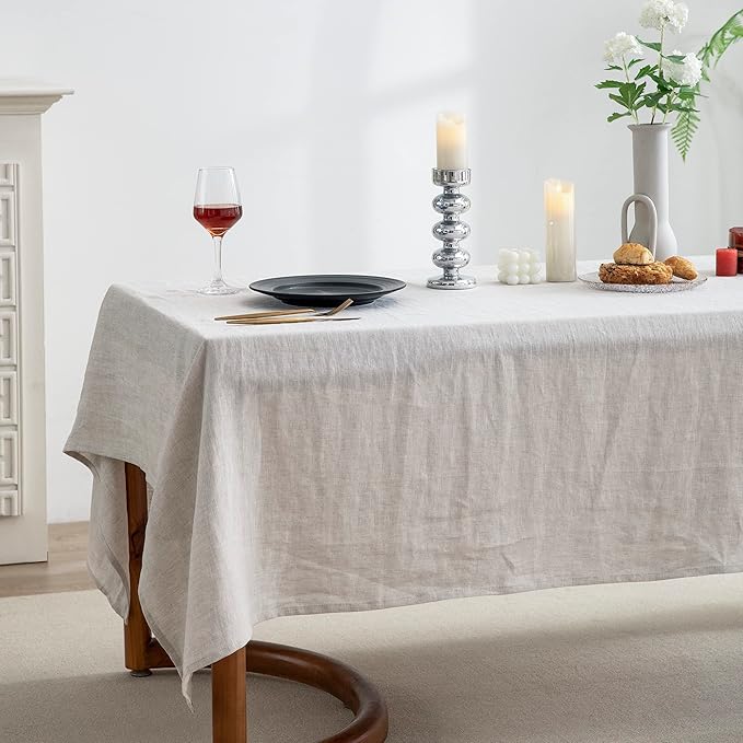 EVERLY100% Pure Linen Rectangle Tablecloths 144Lx60WInch for Dining,Buffet Parties,Picnic,Events,Weddings and Restaurants,Decorative Halloween,Thanksgiving Machine Washable Tablecloths-Natural Linen