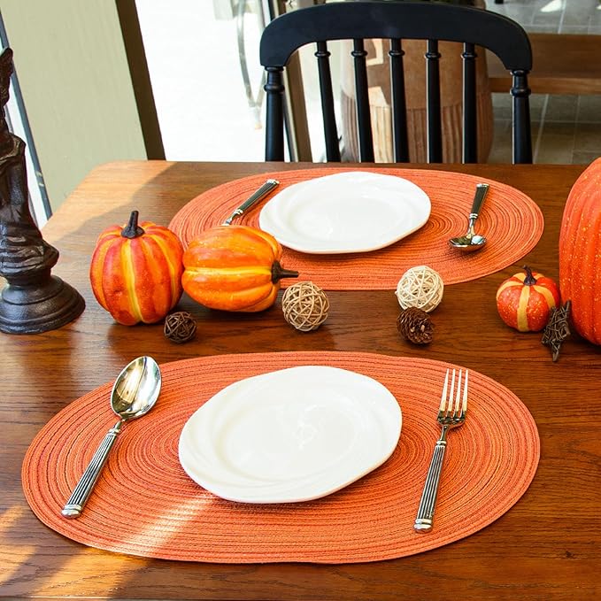 Noctiflorous Oval Braided Placemats Set of 8 Woven 12x18 Inch Non Slip Washable Heat Resistant Place Mats Tablemats for Dining Kitchen Party Daily Table Decor Dinner Mats (Fall Orange, 8)