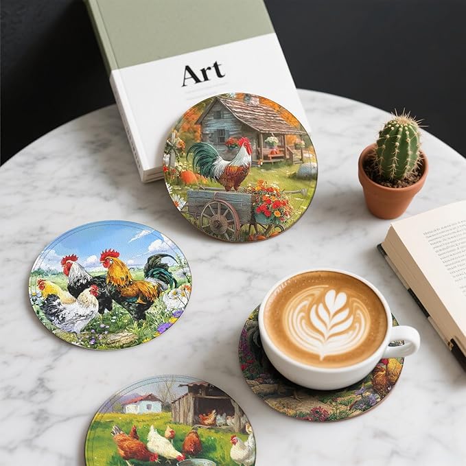 Rooster Coasters Leather Round Drink Coasters 6 Pcs Set with Holderor for Cup Drink Coffee Table Bar Home Decor