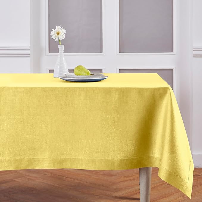 Solino Home Linen Tablecloth for Rectangle Tables 60 x 90 Inch - 100% Pure Linen Sunshine Yellow Table Cloth - Fete, Machine Washable Cloth Tablecloth for Spring, Easter