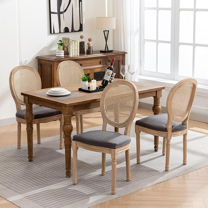 Ball & Cast French Vintage Upholstered Dining Chairs Set of 2, Antique Painting Wooden Kitchen Side-Chairs with Rattan Back & Carved Solid Wood Frame, 2-Piece Curved Backrest Louis Chair, Gray