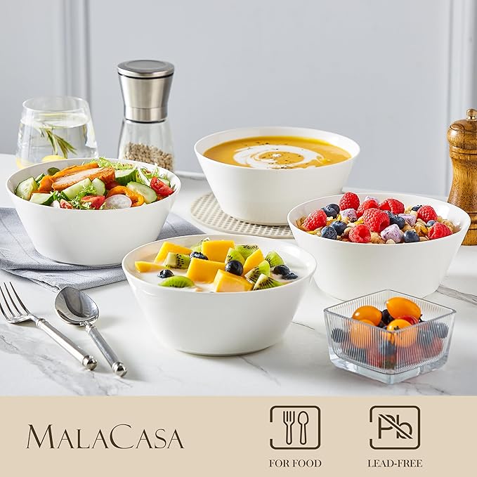 MALACASA 35 OZ Soup Bowls, White Porcelain Bowls Set of 4, Deep Bowl for Kitchen, Large Ceramic Bowls for Soup, Cereal, Salad, Ramen and Fruit, Dishwasher & Microwave Safe, Series Regular