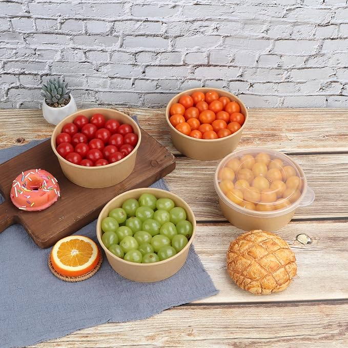 25 oz Disposable Kraft salad paper bowls with lids, Food containers Soup Bowls Party Supplies Treat Bowls 50 Pack