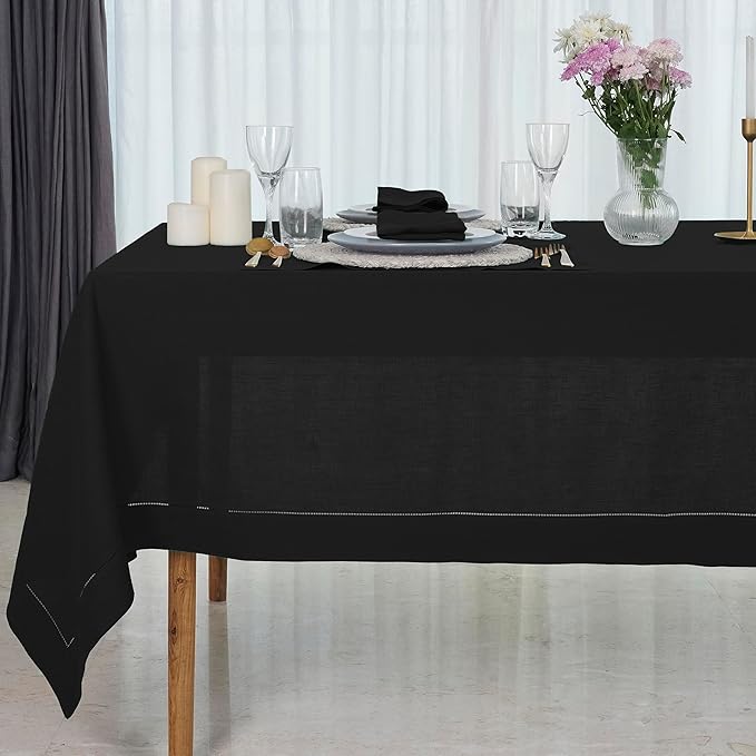 D'Moksha Homes Black Linen Tablecloth 60 x 156 Inch - 100% Pure Linen Black Tablecloth for Rectangle Tables - Classic Hemstitch, Machine Washable Table Cloth for Spring, Easter