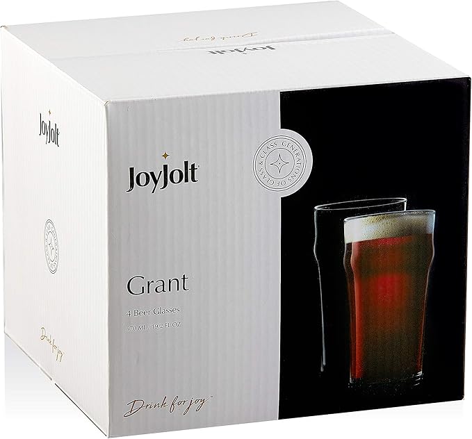 JoyJolt Grant 19oz Beer Pint Glasses Set of 4. Large Beer Pint Glass Capacity in a Traditional Pub Drinking Glasses Design. Oversized Beer Glasses Set for Guinness, Stout, and Big Craft Beer Glasses
