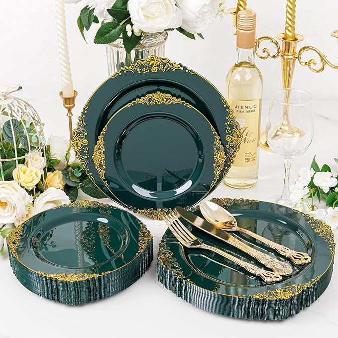 102PCS Green Plastic Plates - Green and Gold Plates - Fancy Heavy Duty Disposable Plate - Heavyweight Dinner & Dessert Plate for 51 Guests for Party & Wedding